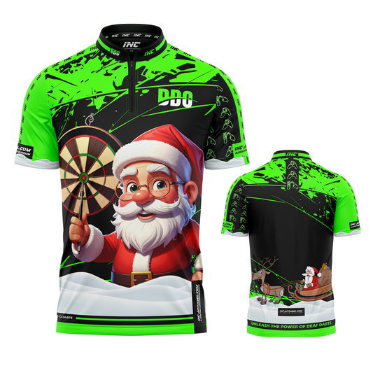 Combined front and back view of the Official Deaf Darts Organisation Christmas Match Shirt from INC-APPAREL, personalised with player name