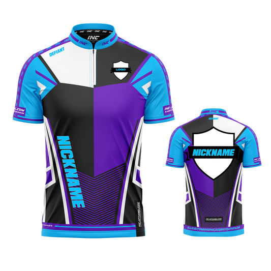 Defiant Rebellis Nucleus Purple Grey and Blue PRO1 Collar Darts Shirt from INC-APPAREL – breathable, durable darts shirt with professional fit and style.