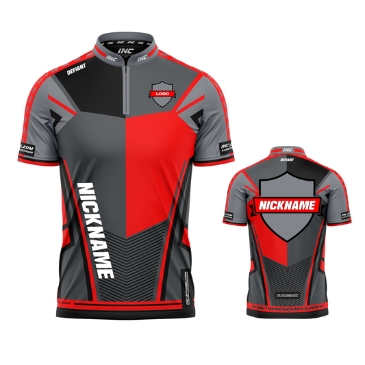 Defiant Rebellis Nucleus Red Grey and Black PRO1 Collar Darts Shirt from INC-APPAREL – stylish, breathable darts shirt with professional fit and modern design.