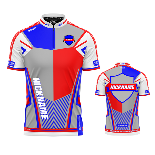 Defiant Rebellis Nucleus Red White and Blue PRO1 Collar Darts Shirt from INC-APPAREL – breathable, professional darts apparel with stylish design.