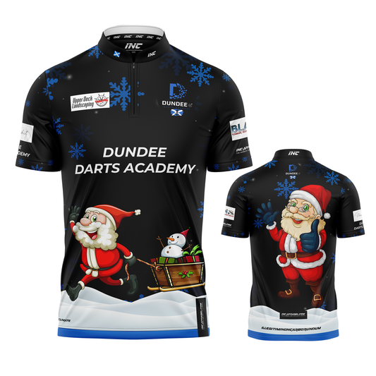 Combined front and back view of the Official Dundee Darts Academy Christmas PRO1 Shirt from INC-APPAREL