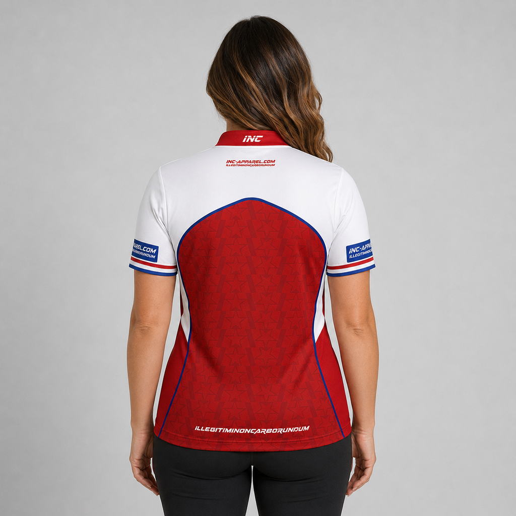 Legatus white red and blue women's darts and pool shirt back view breathable competition shirt
