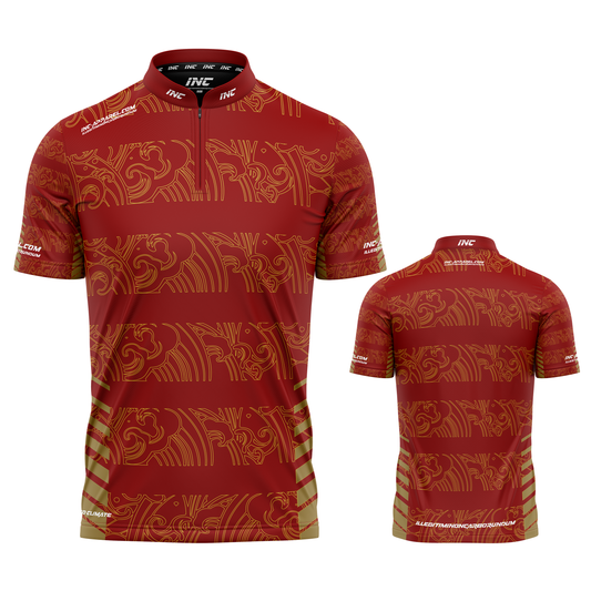 Elegantia Red and Gold Darts/Pool Team Shirt from INC-APPAREL – custom team shirt for pool academies and competitive clubs.