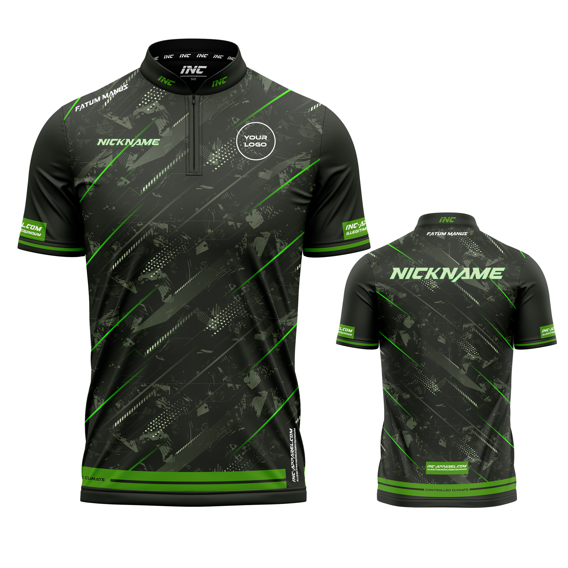 Fatum Manus Green Custom Pool Shirt from INC-APPAREL – lightweight performance pool shirt with XPRO collar and customizable green design.