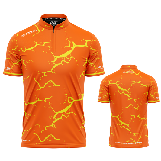 Fulmen orange and yellow personalised darts team shirt made to order with performance fabric and professional fit from INC-APPAREL