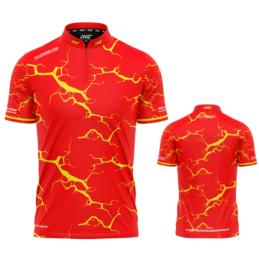 Fulmen red and yellow personalised darts team shirt made to order with performance fabric and professional fit from INC-APPAREL