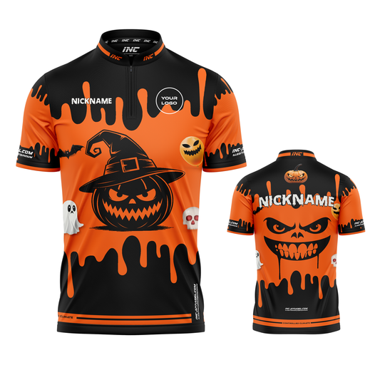 Combined front and back view of the Halloween Darts Shirt – Pumpkin Terror from INC-APPAREL