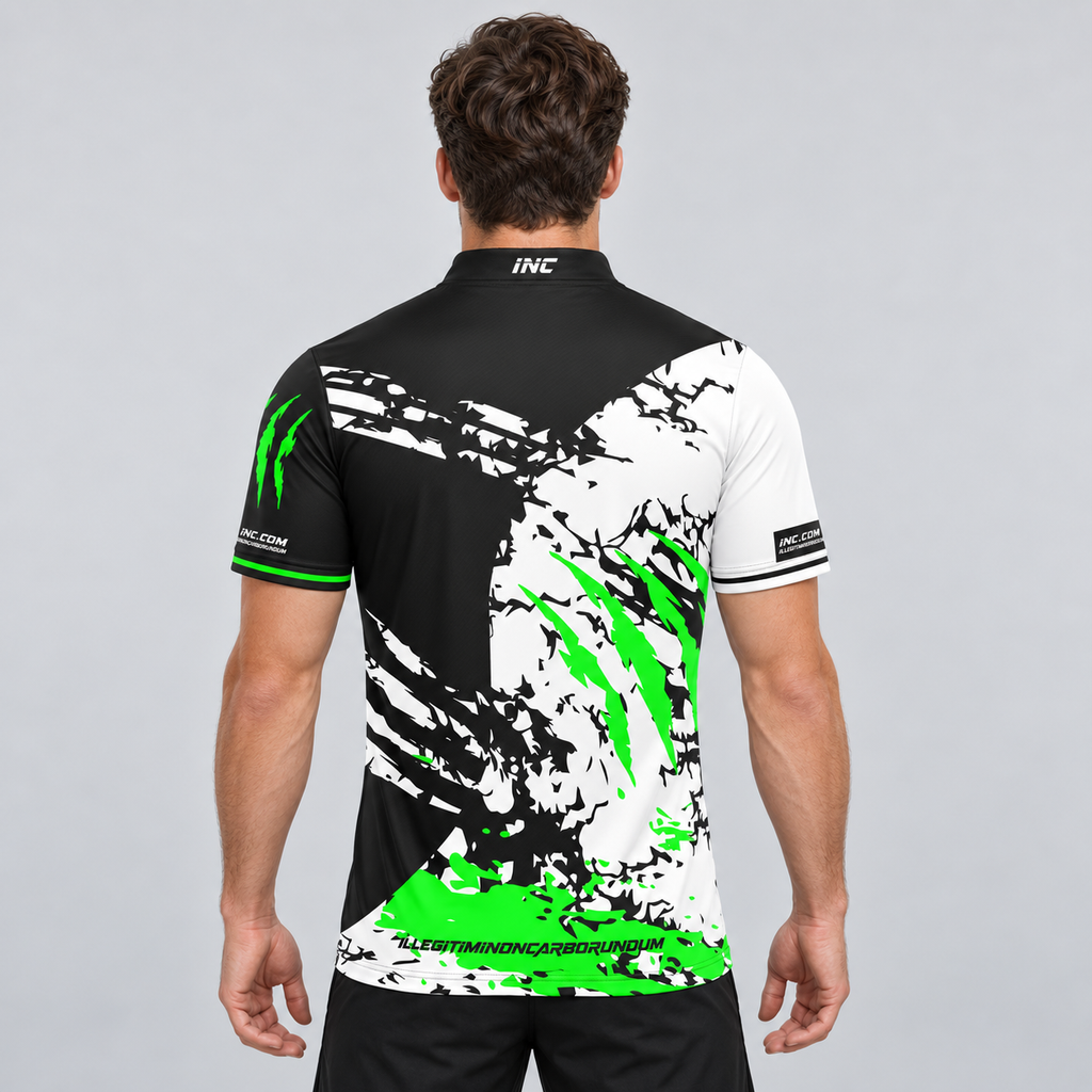 Back view of the Alpha Men and Youth Black White and Green Darts Shirt, highlighting the breathable rear paneling and flexible shoulder construction for unrestricted movement.