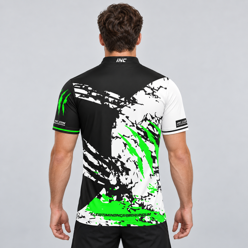Back view of the Alpha Men and Youth Black White and Green Darts Shirt, highlighting the breathable rear paneling and flexible shoulder construction for unrestricted movement.