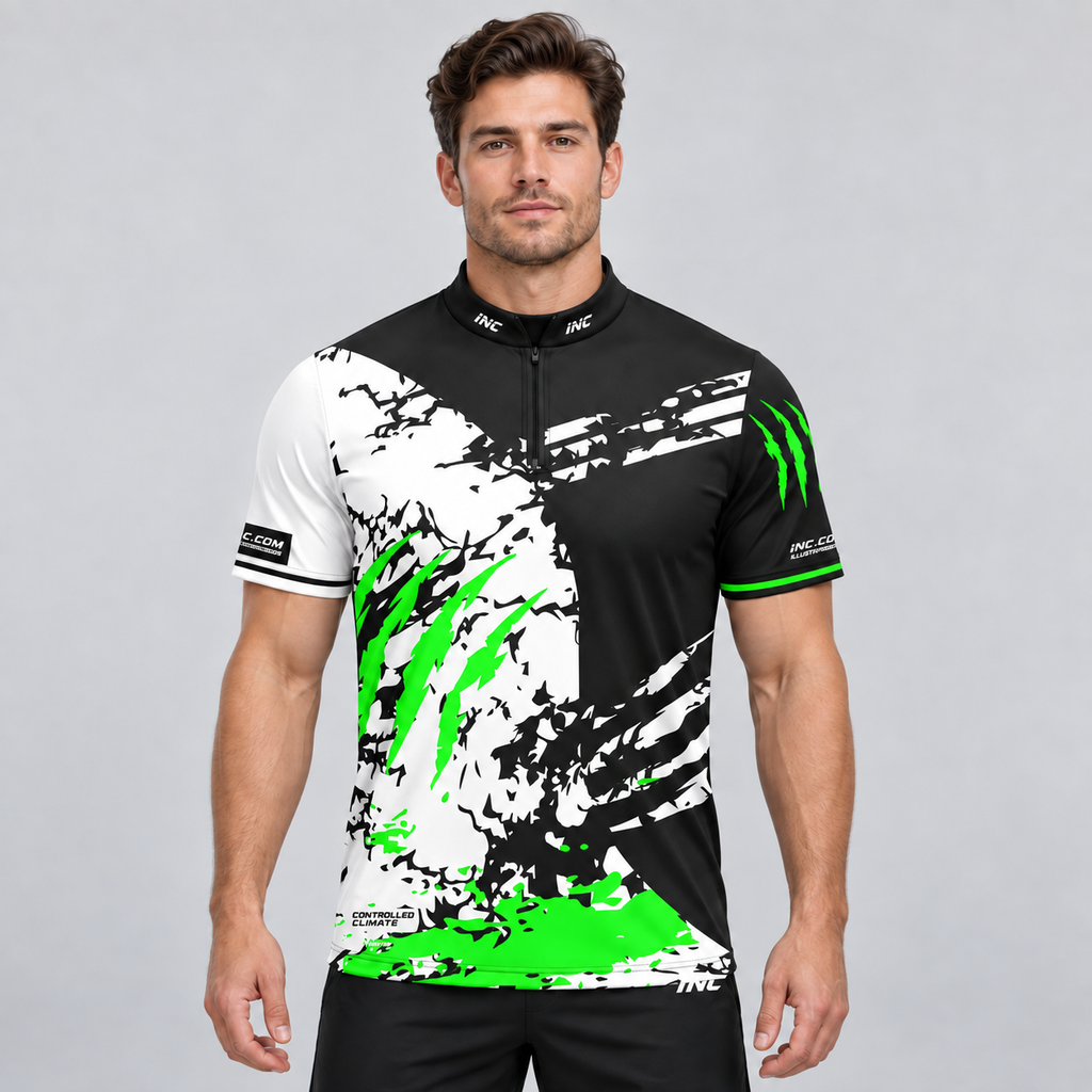 Front view of the Alpha Men and Youth Black White and Green Darts Shirt, showcasing the bold scratch panel design, modern cut, structured collar, and Controlled Climate hem logo.