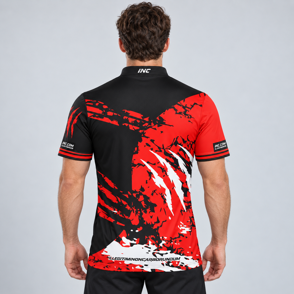 Back view of the Alpha Men and Youth Black White and Red Darts Shirt, highlighting the breathable rear paneling and flexible shoulder construction for unrestricted movement.