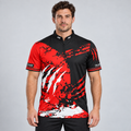 Front view of the Alpha Men and Youth Black White and Red Darts Shirt, showcasing the bold scratch panel design, modern cut, structured collar, and Controlled Climate hem logo.