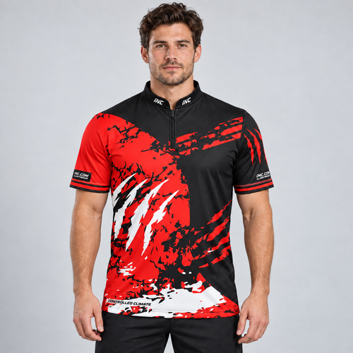 Front view of the Alpha Men and Youth Black White and Red Darts Shirt, showcasing the bold scratch panel design, modern cut, structured collar, and Controlled Climate hem logo.