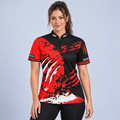 Front view of the Alpha Women's Black White and Red Darts Shirt, showcasing the bold scratch panel design, tailored feminine silhouette, structured collar, and Controlled Climate hem logo.