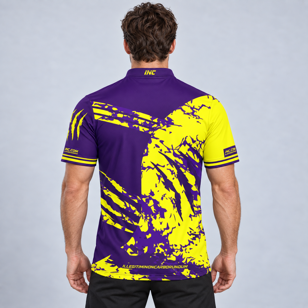 Back view of the Alpha Men and Youth Purple and Yellow Shirt, highlighting the breathable rear paneling and flexible shoulder construction for unrestricted movement.