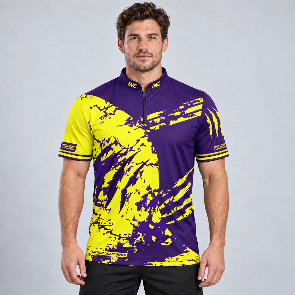 Front view of the Alpha Men and Youth Purple and Yellow Shirt, showcasing the bold scratch panel design, modern cut, structured collar, and Controlled Climate hem logo.