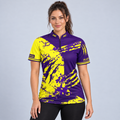 Front view of the Alpha Women's Purple and Yellow Shirt, showcasing the bold scratch panel design, tailored feminine silhouette, structured collar, and Controlled Climate hem logo.
