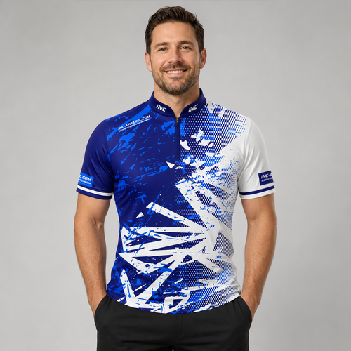 Front view of the Men and Youth Bicolor pool shirt, featuring a clean split or paneled royal blue and white performance design.
