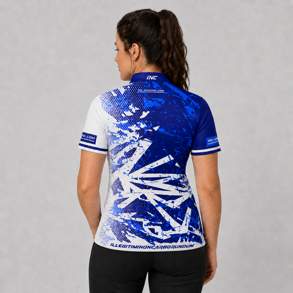 Back view of the Womens Bicolor pool shirt, showing the continuous blue and white team contrast paneling.