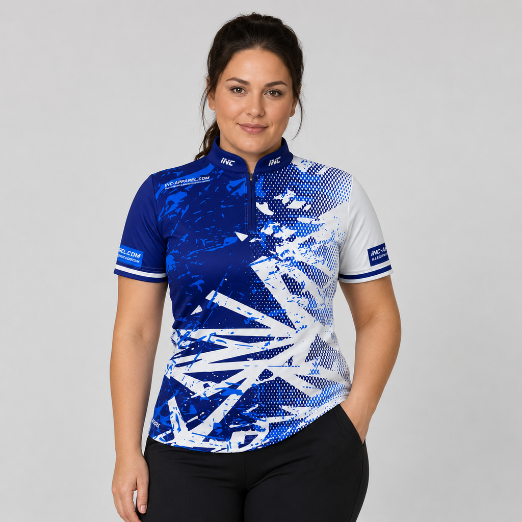 Front view of the Womens Bicolor pool shirt, featuring a clean split or paneled royal blue and white performance design.