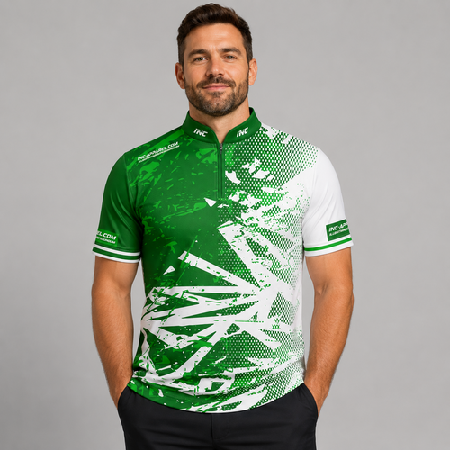 Front view of the Men and Youth Bicolor pool shirt, featuring a clean split or paneled green and white performance design.