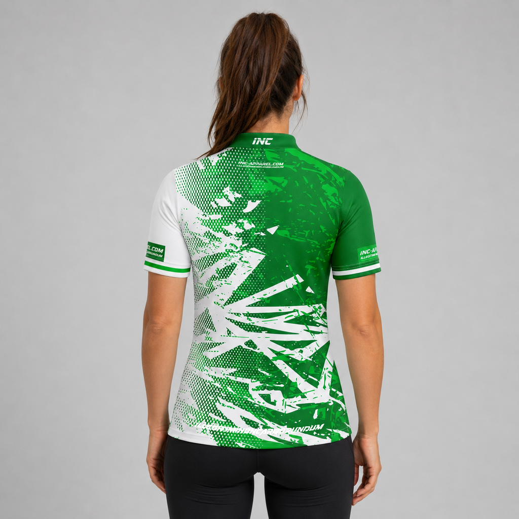 Back view of the Womens Bicolor pool shirt, showing the continuous green and white team contrast paneling.