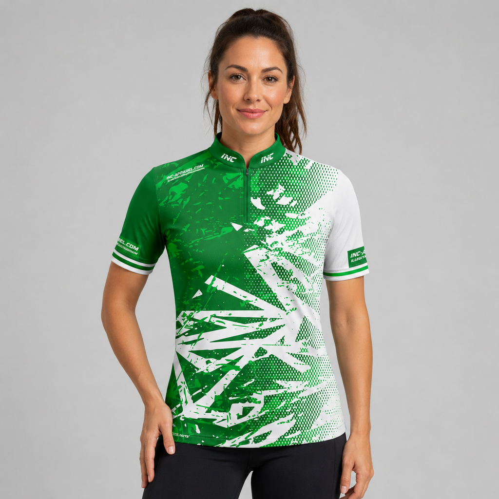 Front view of the Womens Bicolor pool shirt, featuring a clean split or paneled green and white performance design.