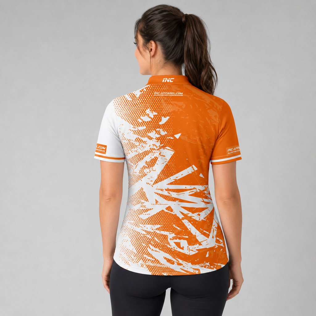 Back view of the Womens Bicolor pool shirt, showing the continuous orange and white team contrast paneling.
