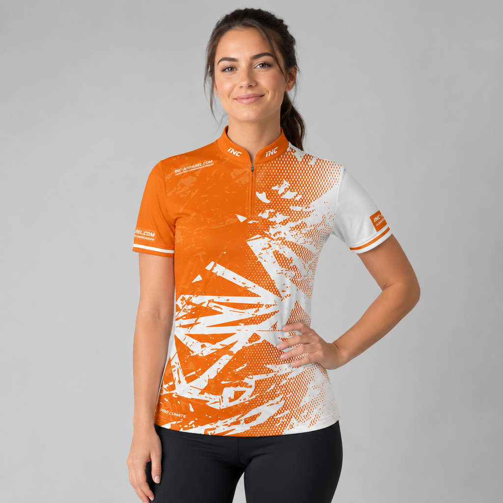 Front view of the Womens Bicolor pool shirt, featuring a clean split or paneled orange and white performance design.