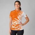 Front view of the Womens Bicolor pool shirt, featuring a clean split or paneled orange and white performance design.