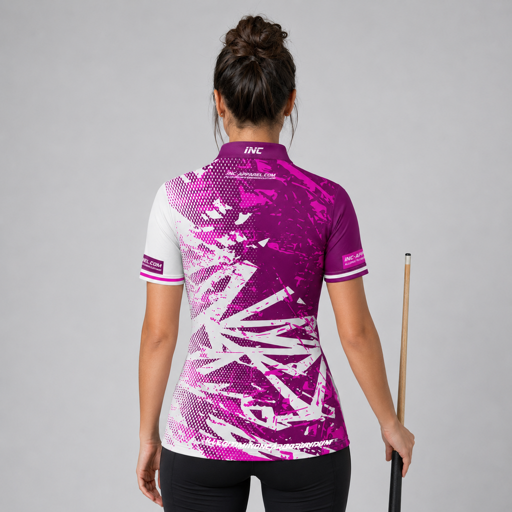 Back view of the Womens Bicolor pool shirt, showing the continuous pink and white team contrast paneling.