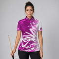 Front view of the Womens Bicolor pool shirt, featuring a clean split or paneled pink and white performance design.