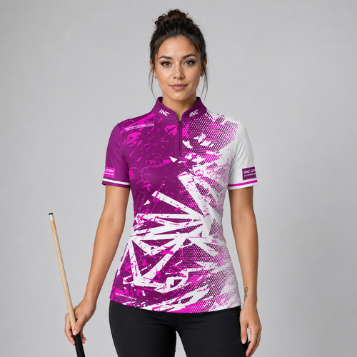 Front view of the Womens Bicolor pool shirt, featuring a clean split or paneled pink and white performance design.