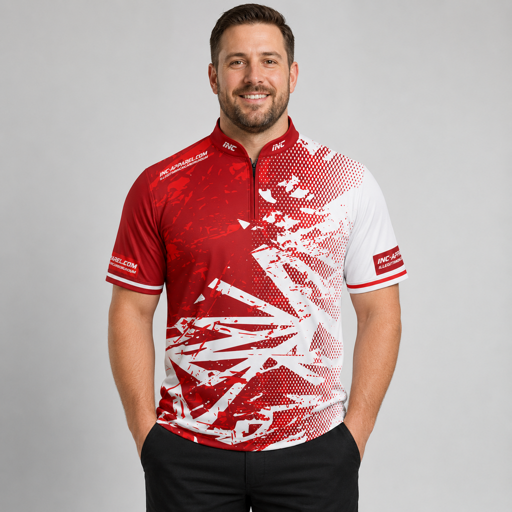 Front view of the Men and Youth Bicolor pool shirt, featuring a clean split or paneled red and white performance design.