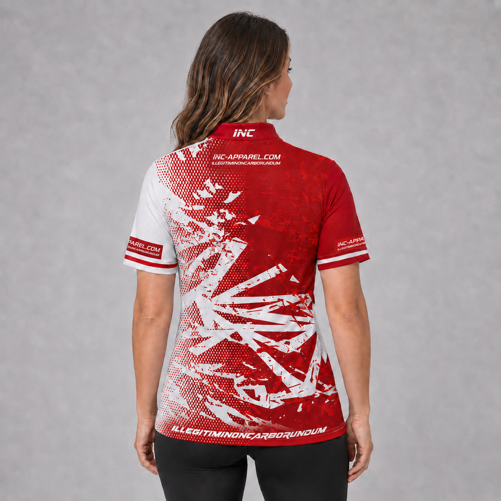 Back view of the Womens Bicolor pool shirt, showing the continuous red and white team contrast paneling.