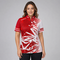 Front view of the Womens Bicolor pool shirt, featuring a clean split or paneled red and white performance design.