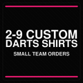 Front view display of a 2 to 9 Custom Darts Shirt group set, showing matching team color schemes, individual player logos, collar choices, and optional pockets.