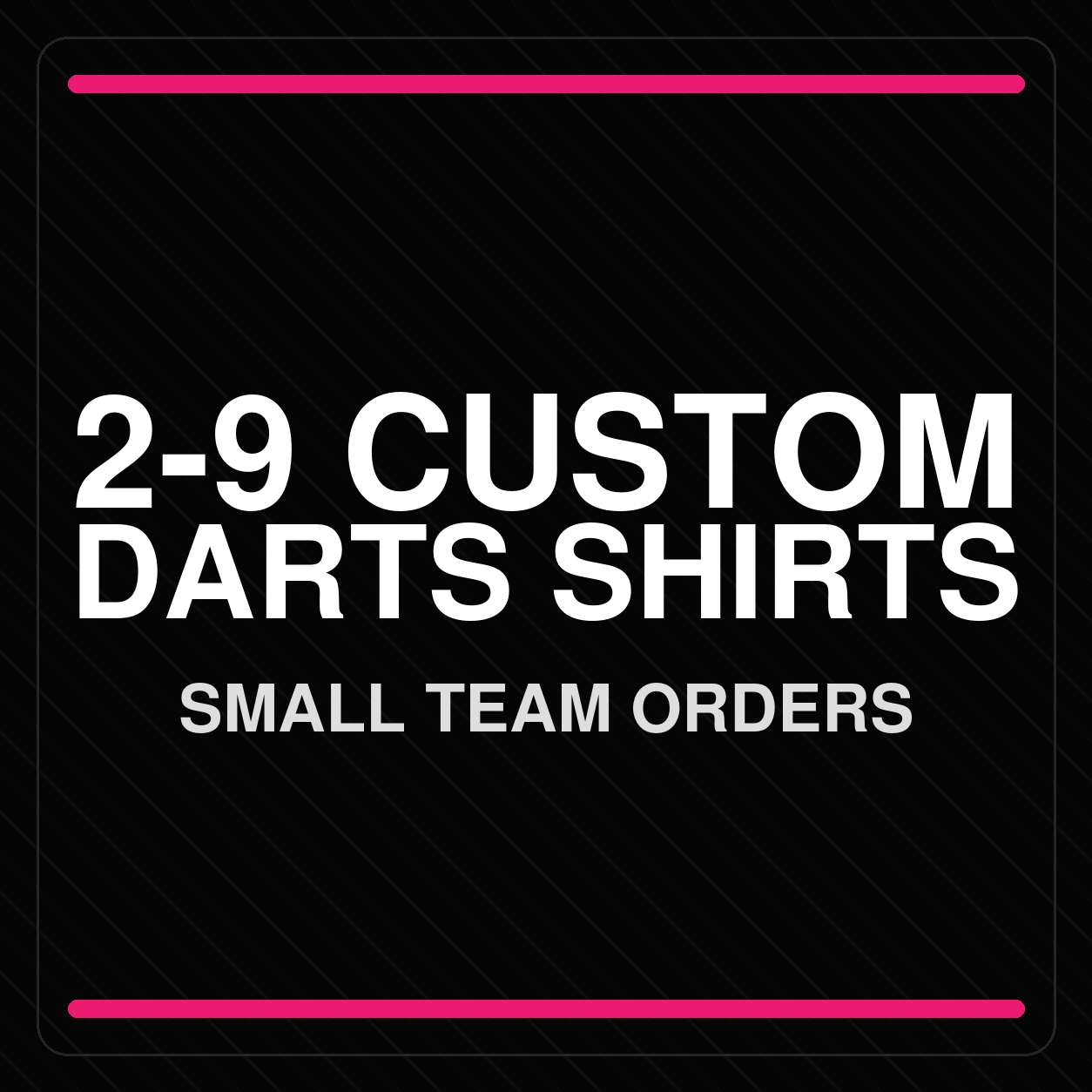 Front view display of a 2 to 9 Custom Darts Shirt group set, showing matching team color schemes, individual player logos, collar choices, and optional pockets.