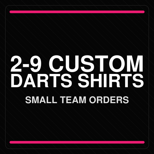 Front view display of a 2 to 9 Custom Darts Shirt group set, showing matching team color schemes, individual player logos, collar choices, and optional pockets.