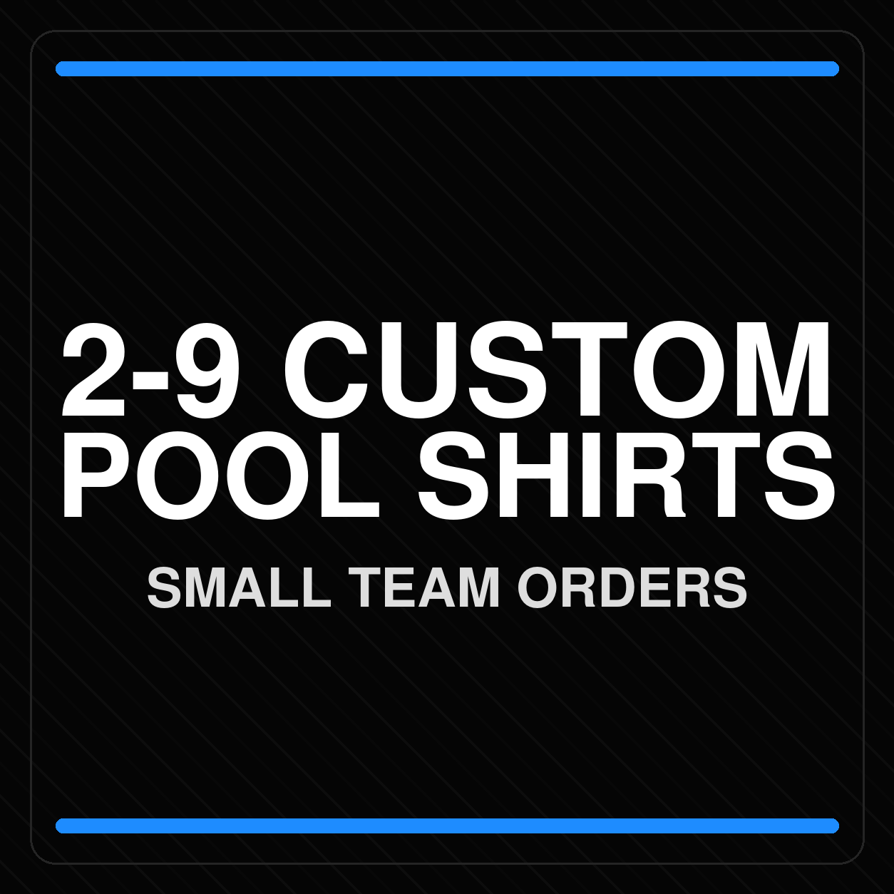 Front view display of a 2 to 9 Custom Pool Team Shirt set, featuring coordinated squad colors, custom sponsor logos, collar options, and optional pockets.