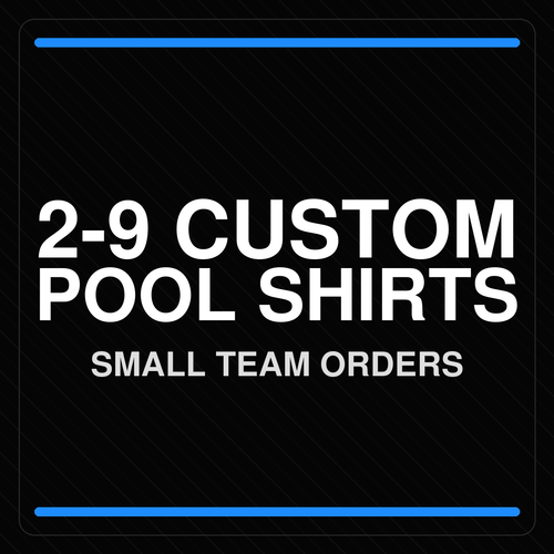Front view display of a 2 to 9 Custom Pool Team Shirt set, featuring coordinated squad colors, custom sponsor logos, collar options, and optional pockets.