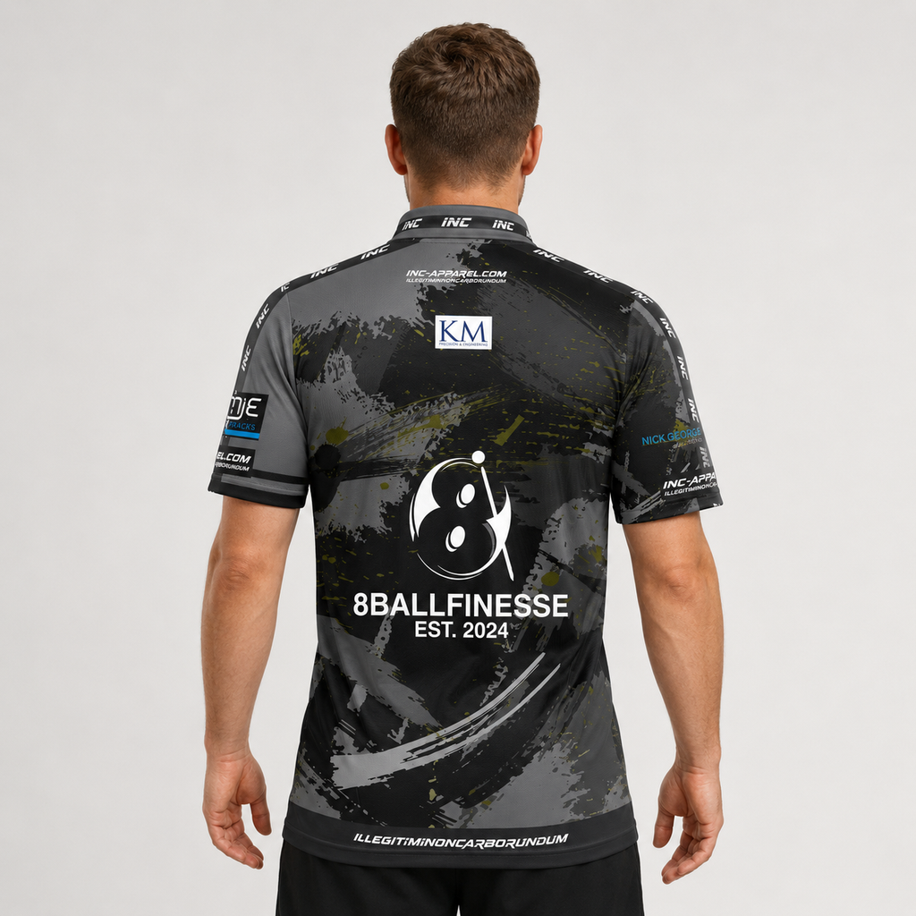 Back view of The Cue Club 8 Ball Finesse Pool Shirt for Men and Youth, highlighting the breathable back paneling and streamlined silhouette.
