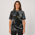 Front view of The Cue Club Women's 8 Ball Finesse Pool Shirt, displaying the tailored athletic silhouette, stylish collar design, and sharp 8-ball chest emblem.