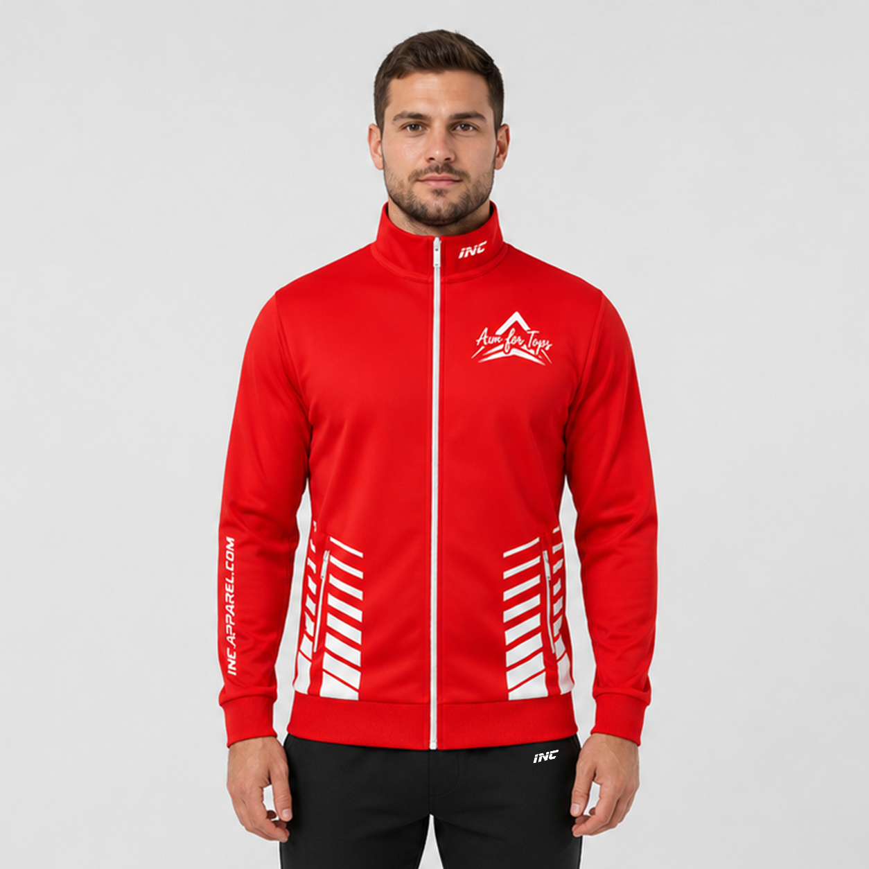 Front view of the Aim for Tops Unisex Tournament Jacket, displaying the sleek full-zip design, custom target logo, and athletic collar.