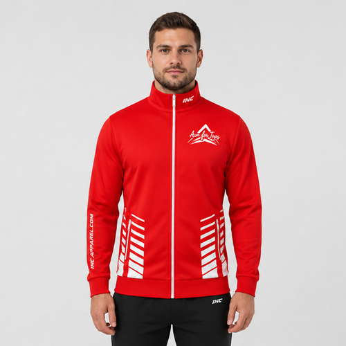 Front view of the Aim for Tops Unisex Tournament Jacket, displaying the sleek full-zip design, custom target logo, and athletic collar.