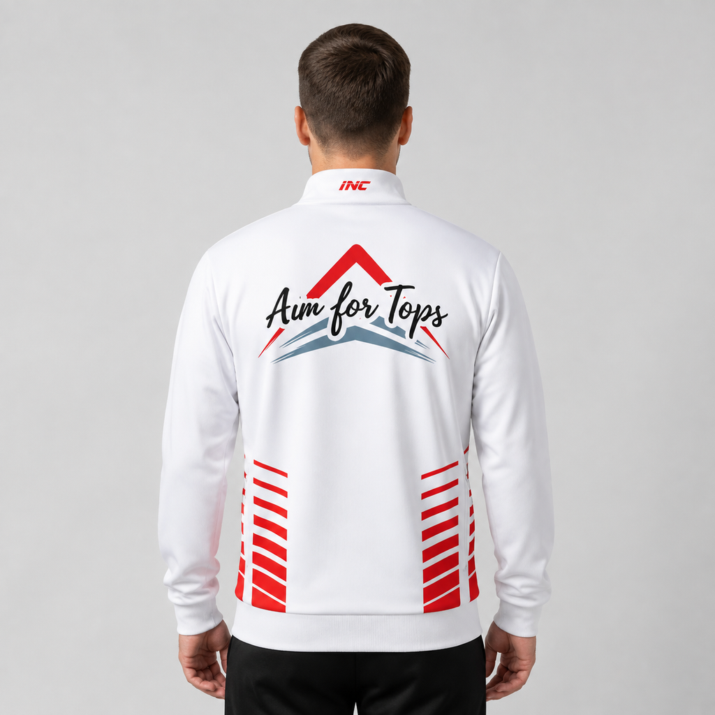 Back view of the Aim for Tops Unisex White Tournament Jacket, highlighting the clean white rear paneling and ergonomic shoulder construction for player mobility.