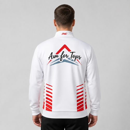 Back view of the Aim for Tops Unisex White Tournament Jacket, highlighting the clean white rear paneling and ergonomic shoulder construction for player mobility.