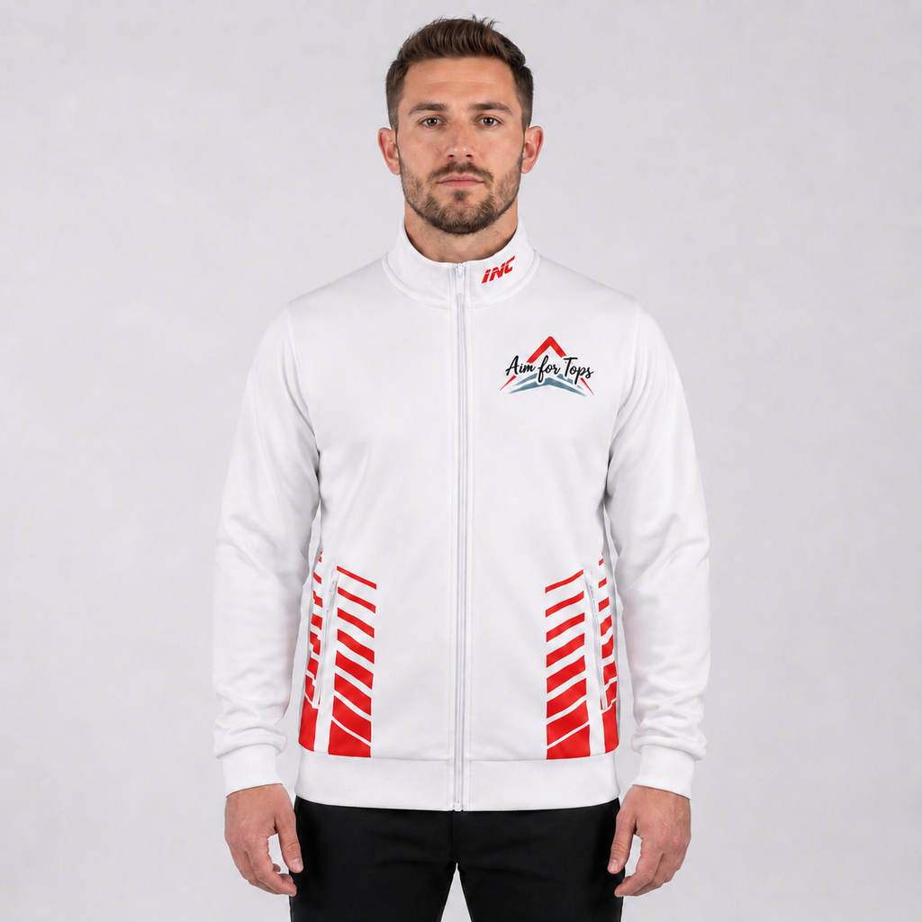 Front view of the Aim for Tops Unisex White Tournament Jacket, displaying the sleek full-zip design, custom target logo, crisp white paneling, and athletic collar.