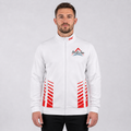 Front view of the Aim for Tops Unisex White Tournament Jacket, displaying the sleek full-zip design, custom target logo, crisp white paneling, and athletic collar.