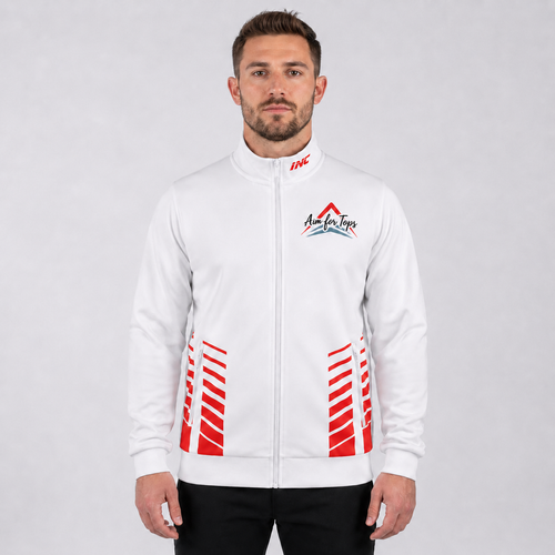 Front view of the Aim for Tops Unisex White Tournament Jacket, displaying the sleek full-zip design, custom target logo, crisp white paneling, and athletic collar.